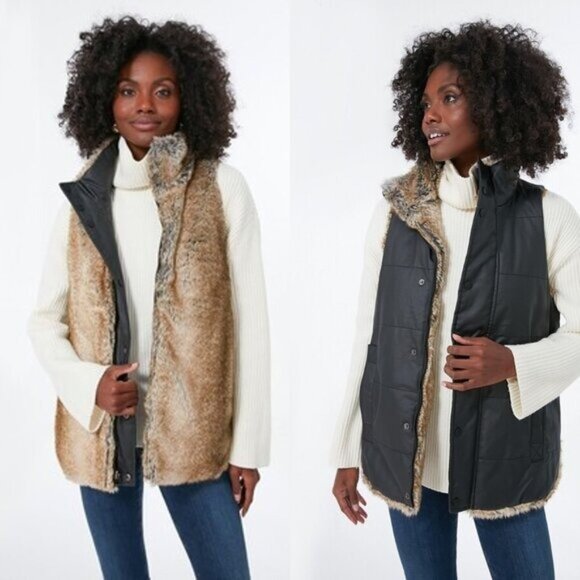Tuckernuck NEW Faux Fur Reversible Full Zip Baker Brown Tan Vest Size XS - Picture 1 of 8